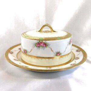 Nippon Pink Floral Covered Cheese Dish with Gold Beading  # 25705